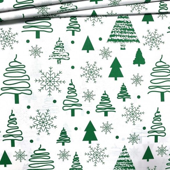 Tissu Coton - Sapins de Noël Vert sur Blanc