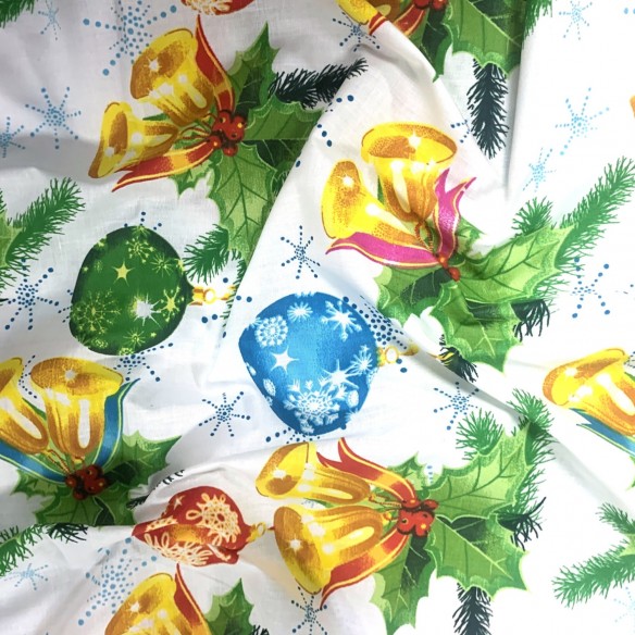 Tissu Coton - Boules et Clochettes de Noël sur Blanc