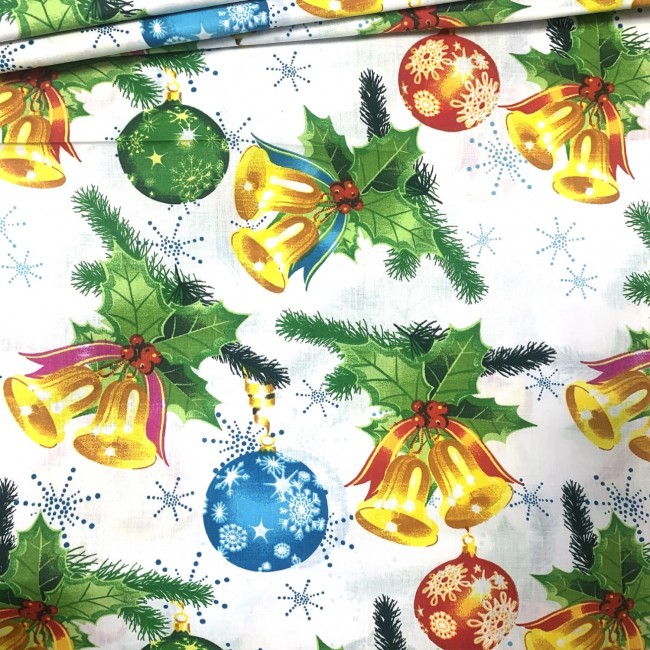 Tissu Coton - Boules et Clochettes de Noël sur Blanc