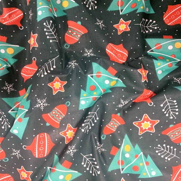 Tissu Coton - Sapins et Boules de Noël sur Vert