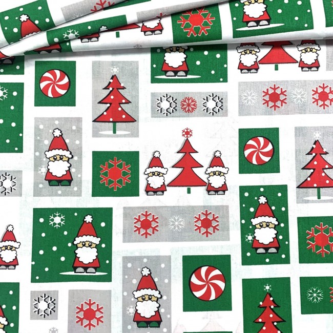 Tissu Coton - Patchwork de Noël Père Noël Rouge et Vert