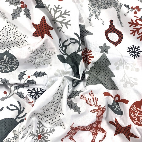 Tissu en coton - Flocons de neige de Noël et rennes, Blanc