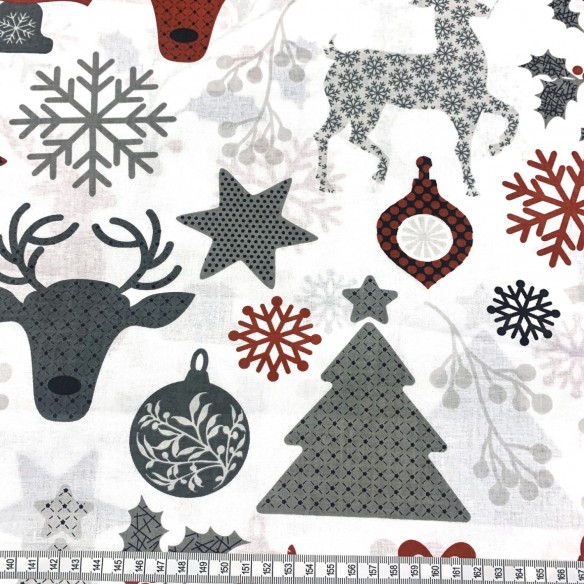 Tissu en coton - Flocons de neige de Noël et rennes, Blanc