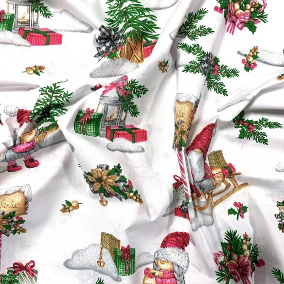 Tissu en coton - Gnomes de Noël, blanc