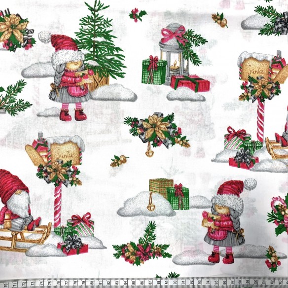 Tissu en coton - Gnomes de Noël, blanc