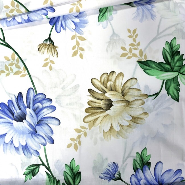 Tissu coton 220 cm - Fleurs bleues et écrues