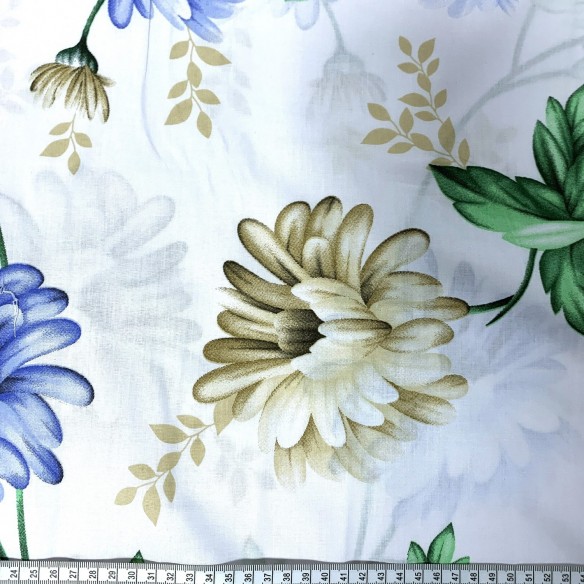 Tissu coton 220 cm - Fleurs bleues et écrues