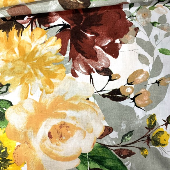 Tissu Coton 220 cm - Fleurs, Bordeaux et Jaune