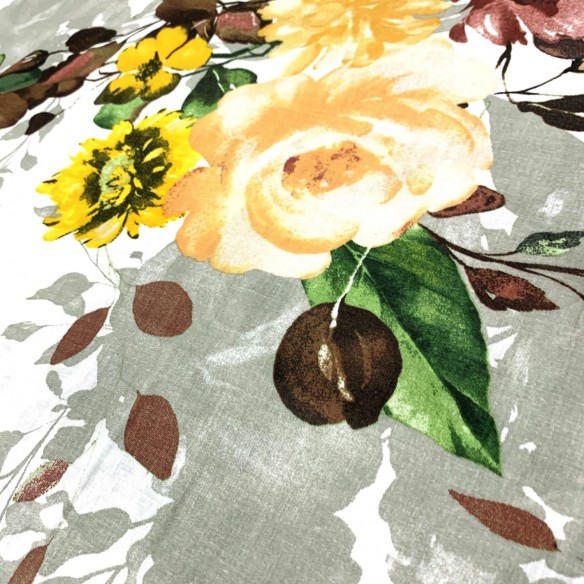 Tissu Coton 220 cm - Fleurs, Bordeaux et Jaune