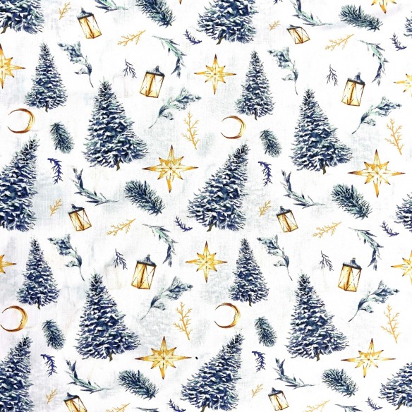 Tissu en coton - Sapins et étoiles de Noël, Blanc