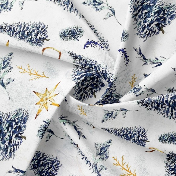 Tissu en coton - Sapins et étoiles de Noël, Blanc