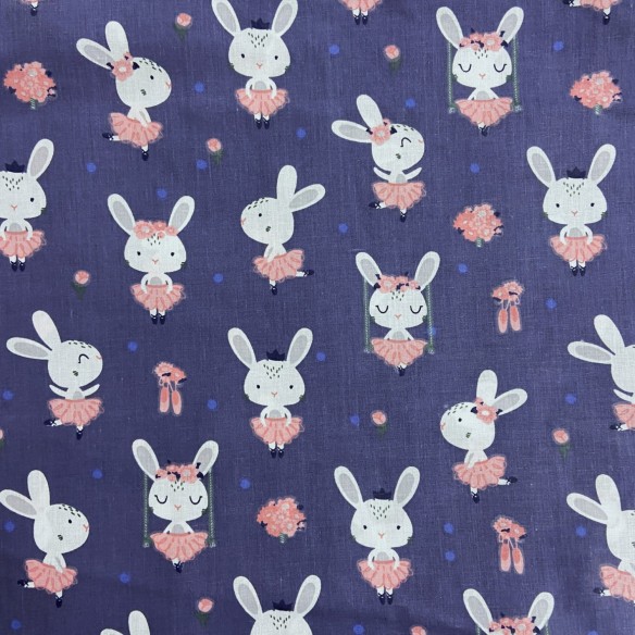 Tissu de coton - Ballerines lapins, bleu marine