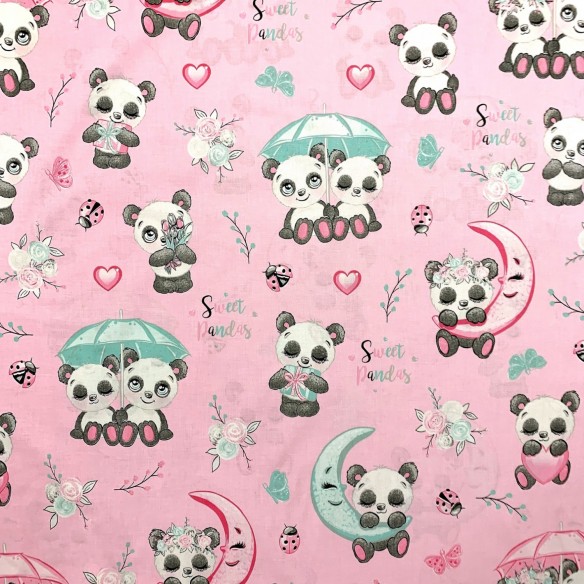 Tissu en coton - Pandas pastel, rose