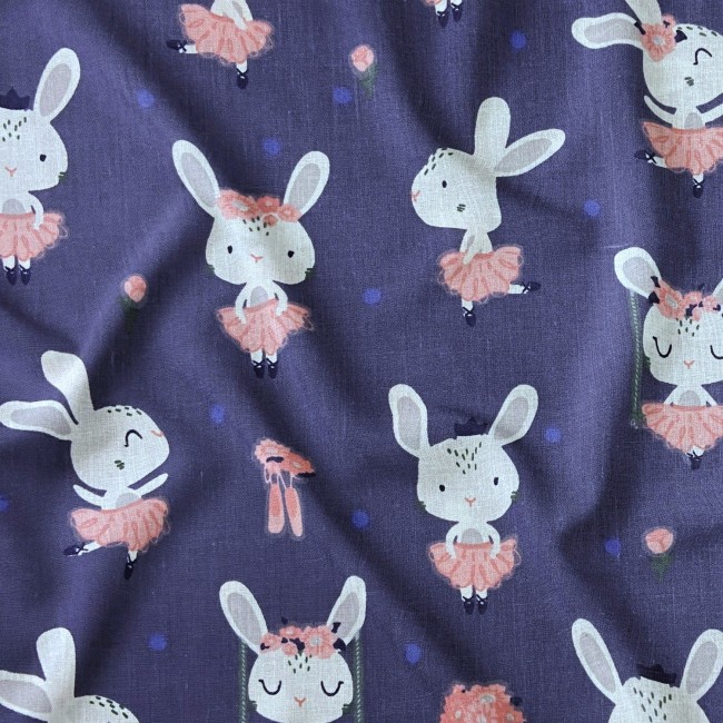 Tissu de coton - Ballerines lapins, bleu marine