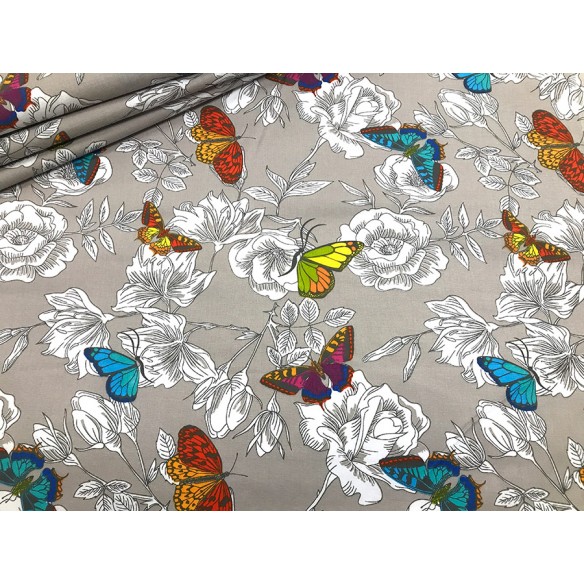 Tissu en coton - Papillons dans un jardin sur gris