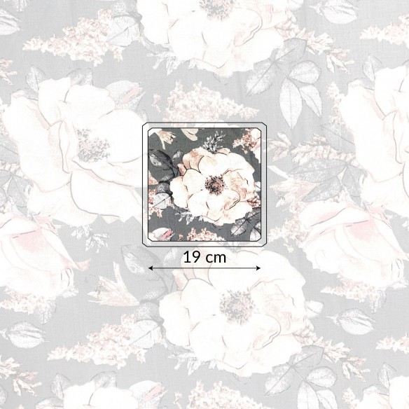Tissu Coton 220 cm - Fleurs de Pivoine sur Gris