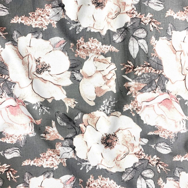 Tissu Coton 220 cm - Fleurs de Pivoine sur Gris