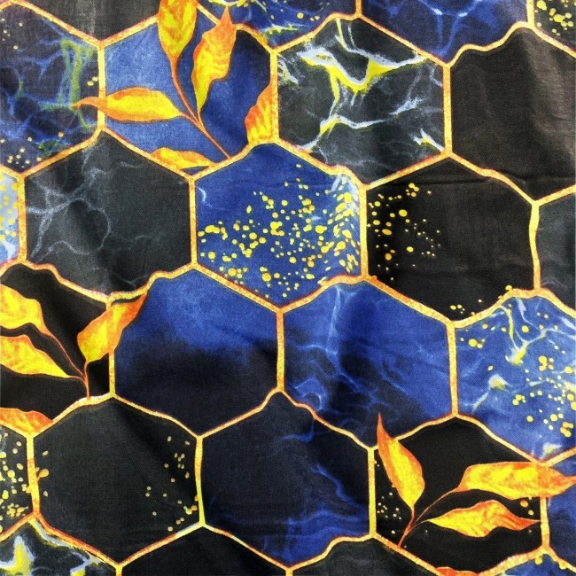 Tissu Coton 220 cm - Hexagone, Bleu et Noir