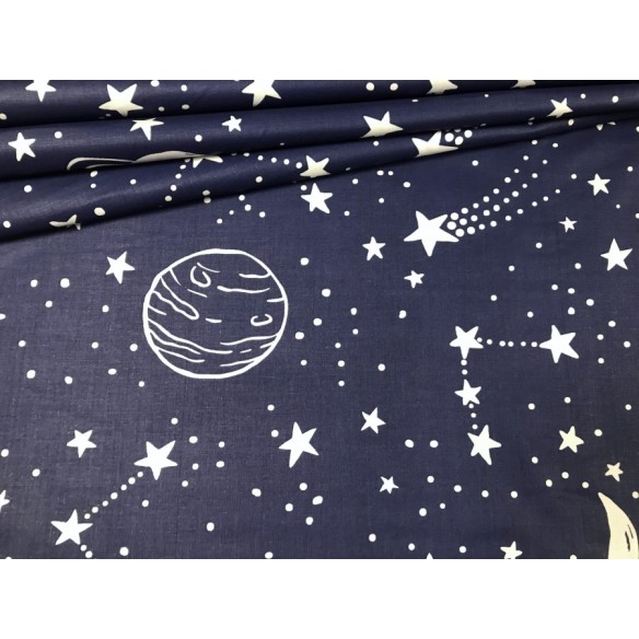 Tissu en coton - Planètes et étoiles sur bleu marine