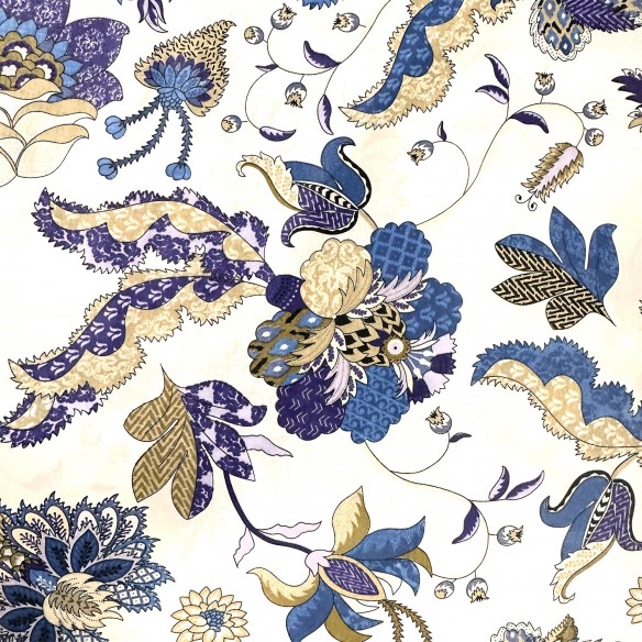 Tissu Coton - Motif Oriental, Or et Bleu