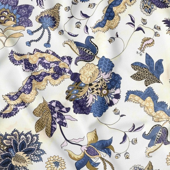 Tissu Coton - Motif Oriental, Or et Bleu