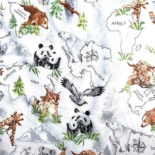 Tissu Coton - Cartes et animaux