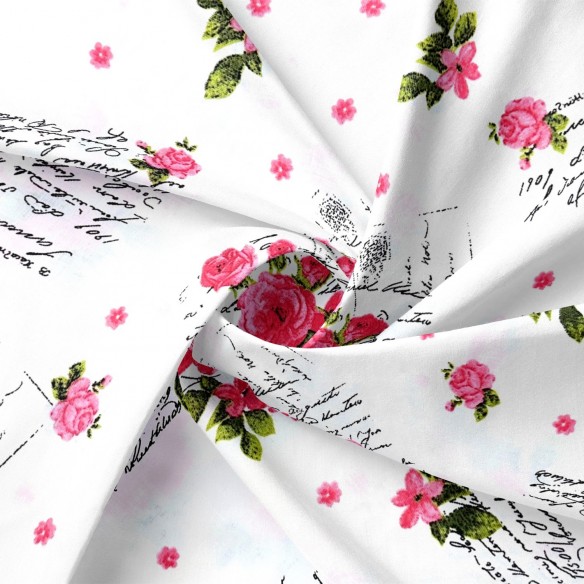 Tissu Coton - Roses et lettre