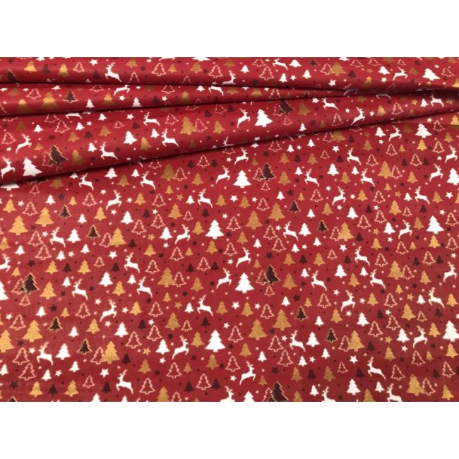 Tissu en coton - Arbres de Noël et renne rouge