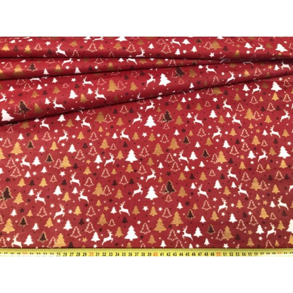 Tissu en coton - Arbres de Noël et renne rouge