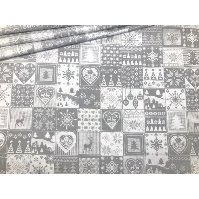 Tissu en coton - Carrelage patchwork gris festif