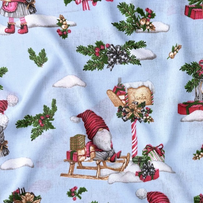 Tissu en coton - Gnomes de Noël, bleu