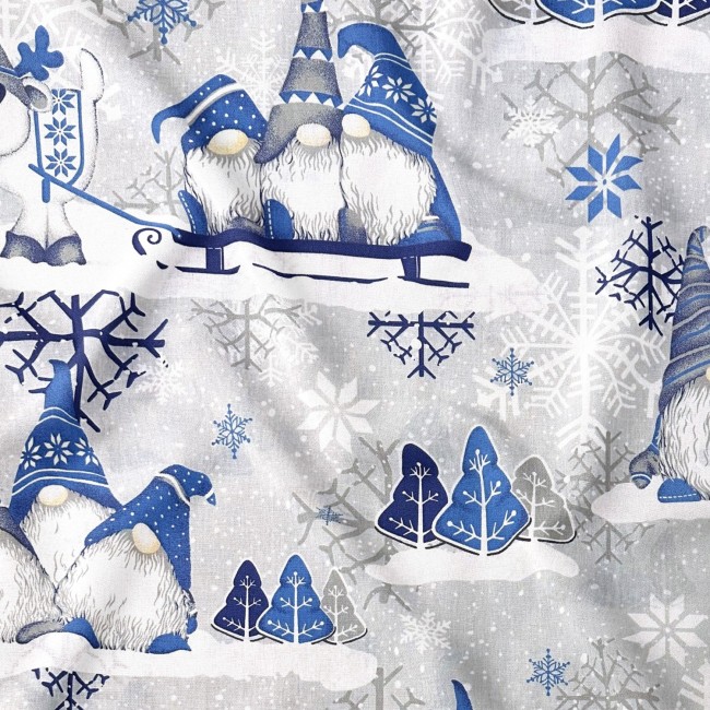 Tissu Coton - Gnomes de Noël Bleu sur...