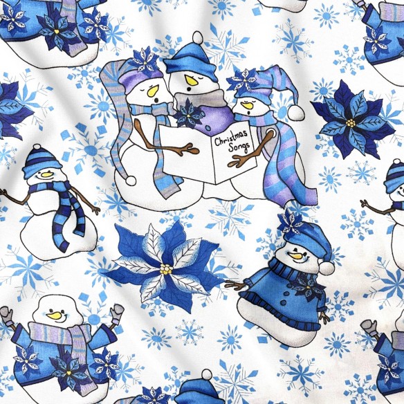 Tissu en coton - Bonhommes de neige bleus de Noël