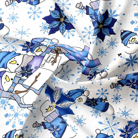 Tissu en coton - Bonhommes de neige bleus de Noël