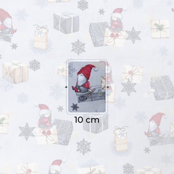 Tissu en coton - Nains de Noël avec des cadeaux et une lettre sur fond gris
