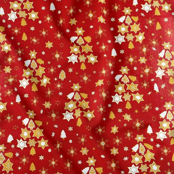 Tissu en coton - Sapins de Noël dorés rouge