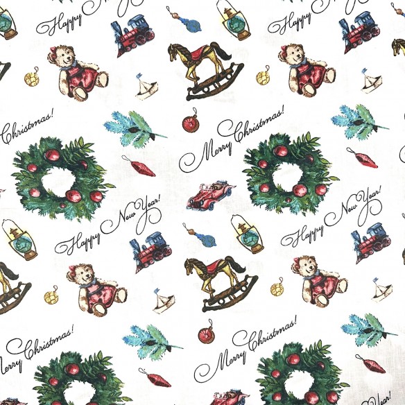 Tissu en coton - Train de Noël, décoration et ours en peluche