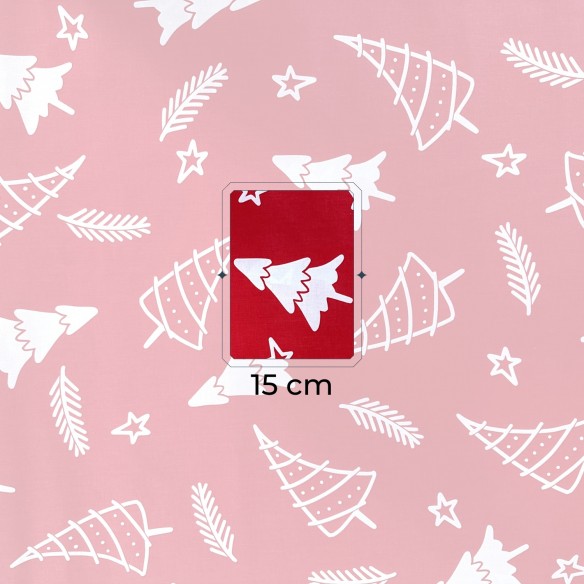 Tissu en coton - Arbres de Noël et brindilles blancs sur fond rouge