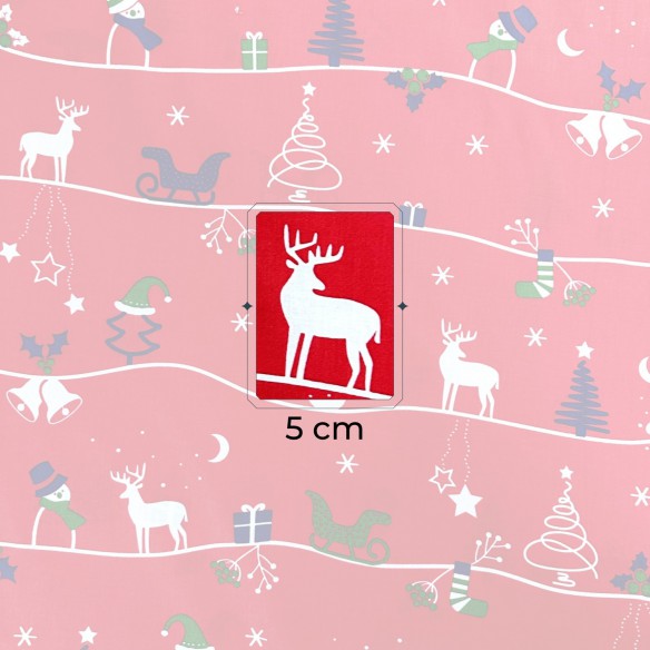 Tissu en coton - Bonhomme de neige, rennes et sapins de Noël