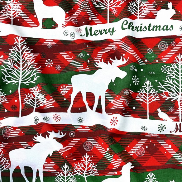 Tissu en coton - Forêt de Noël, rouge et vert