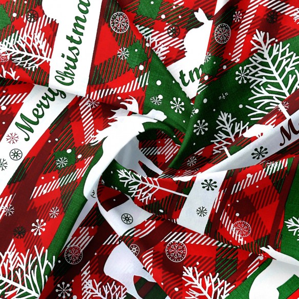 Tissu en coton - Forêt de Noël, rouge et vert
