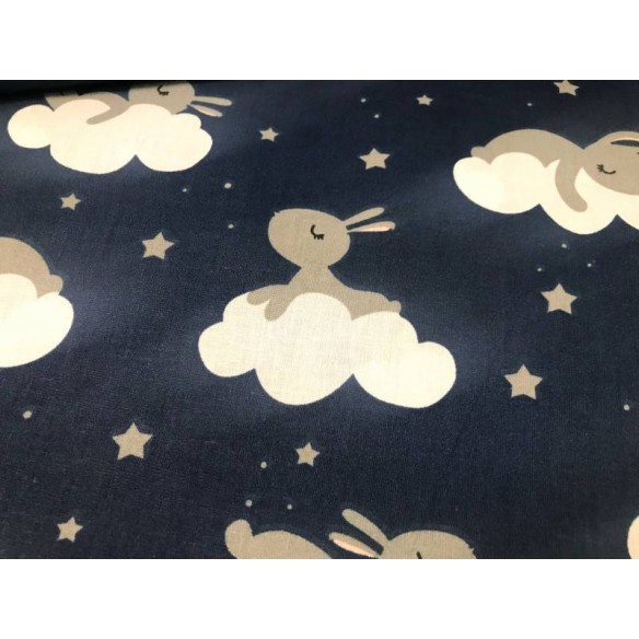 Tissu en coton - Des lapins et un nuage sur bleu marine