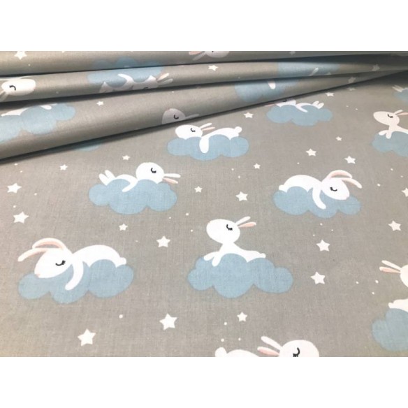 Tissu en coton - Des lapins et un nuage sur gris