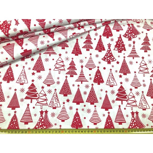 Tissu en coton - Arbre de Noël rouge festif sur blanc