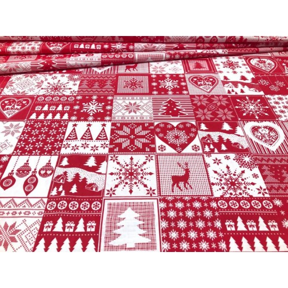 Tissu en coton - Carreaux rouges patchwork festif