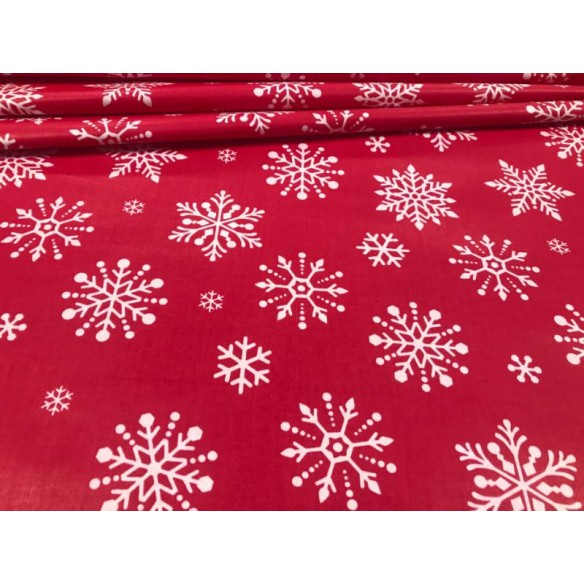 Tissu en coton - Grands flocons de neige de Noël blancs sur rouge