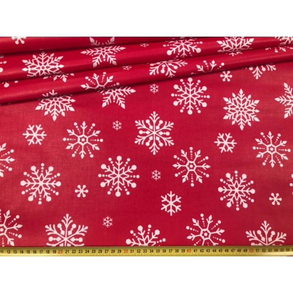 Tissu en coton - Grands flocons de neige de Noël blancs sur rouge