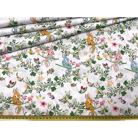 Tissu en coton - Perroquets et fleurs sur blanc