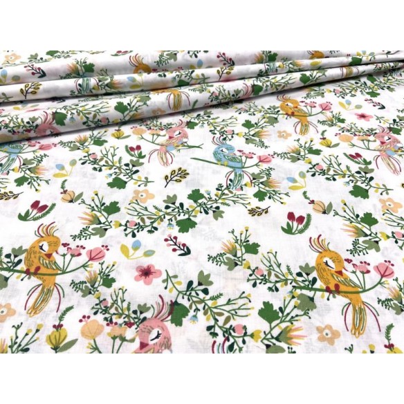 Tissu en coton - Perroquets et fleurs sur blanc
