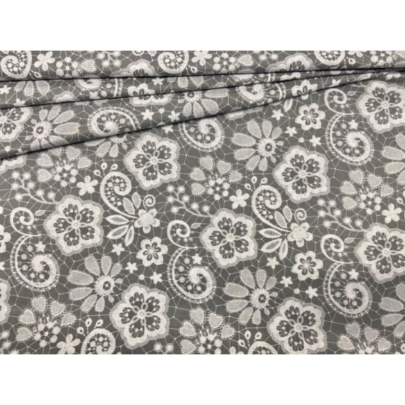 Tissu en coton - Grande dentelle blanche sur gris